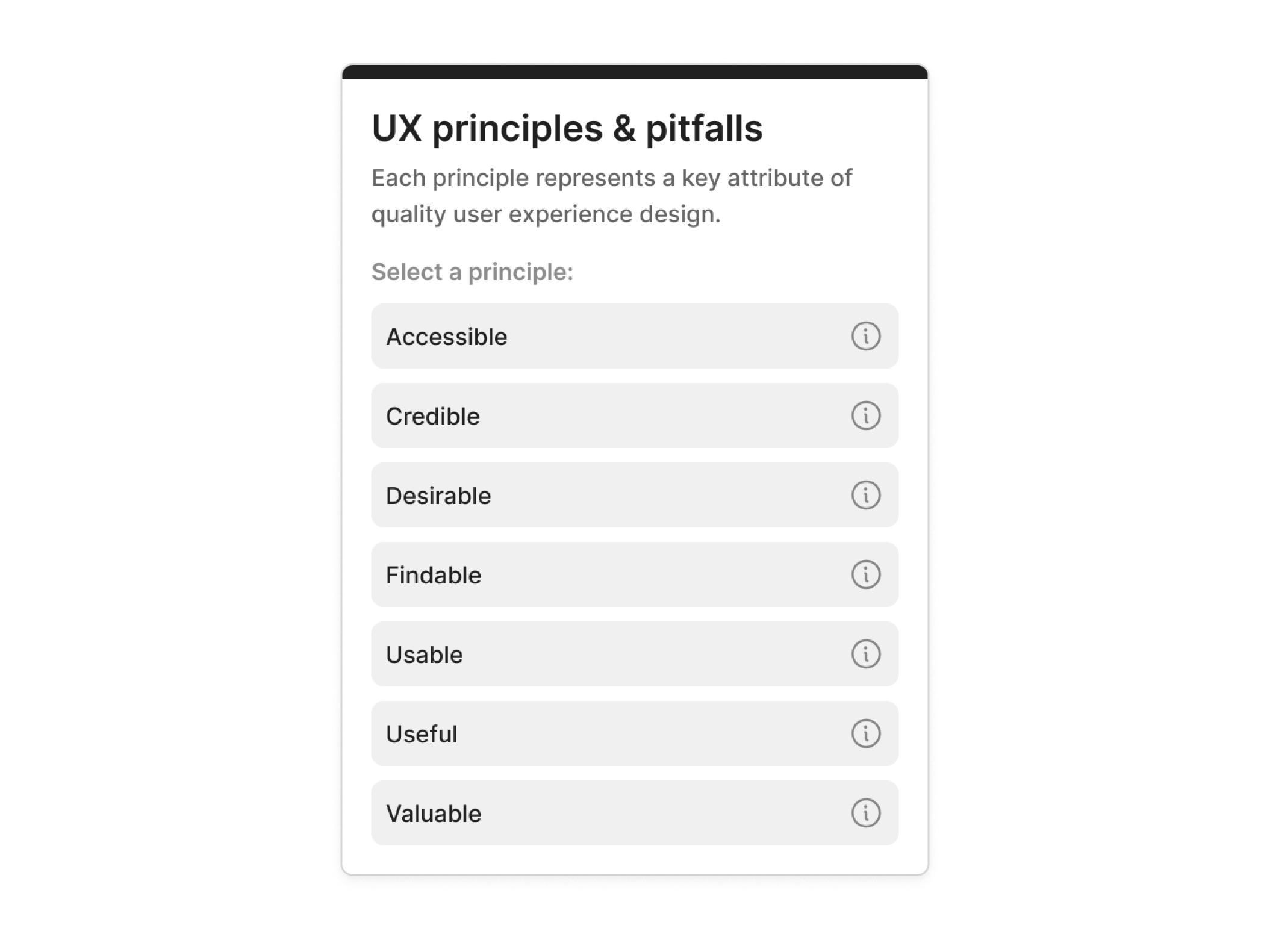Step 1 of the heuristic widget showing principle selection