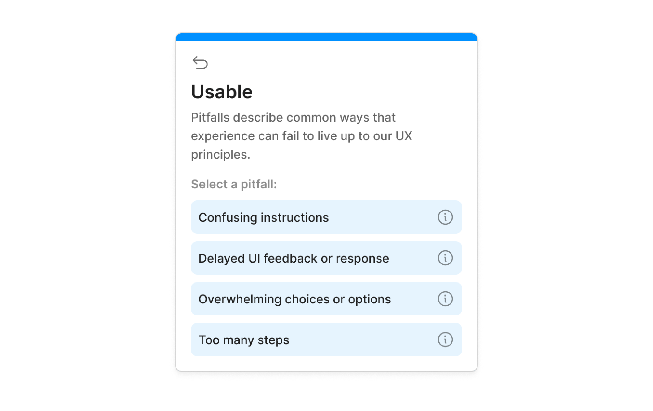 Step 2 of the heuristic widget showing pitfall selection